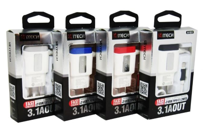 CARGADOR AITECH 3.1A 1.2M 2 USB TIPO C AI-32C