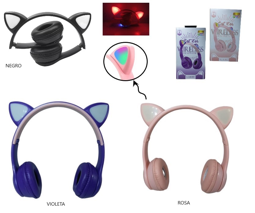 AU-12004 VINCHA BT GATITO C/LUZ NEGRO/ROSA/VIOLETA AU-16003