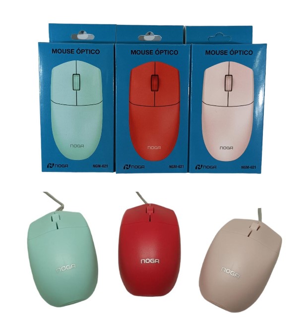 MOUSE C/CABLE NOGA SOLO VERDE-ROJO-ROSA