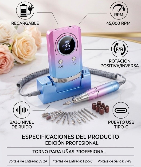 Torno para uñas bicolor recargable MJ1004