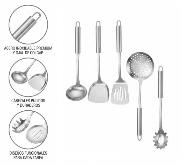 SET X5 UTENSILIOS DE COCINA DE ACERO