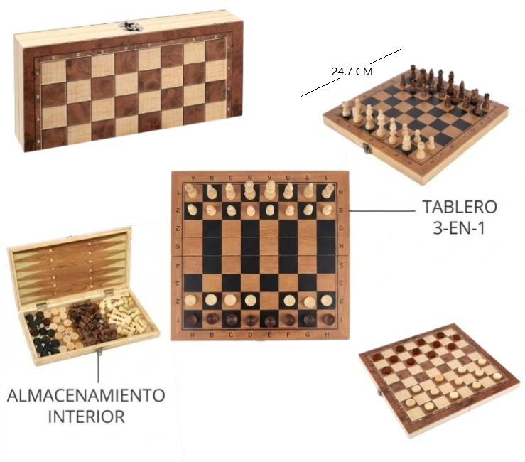TABLERO DE AJEDREZ 3 EN 1