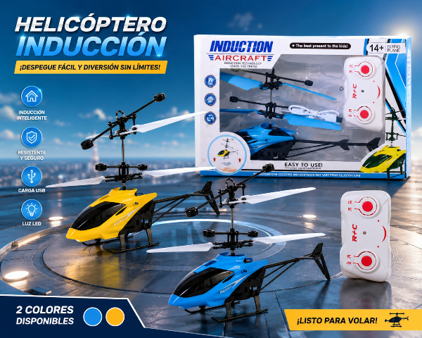 Helicóptero de inducción recargable con control remoto a pilas