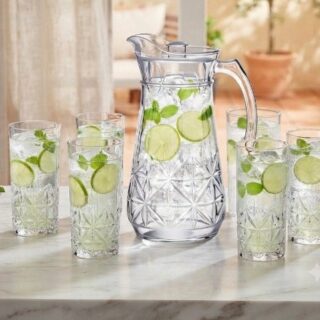 Set de 6 vasos y jarra de vidrio cristal con diseño 202946