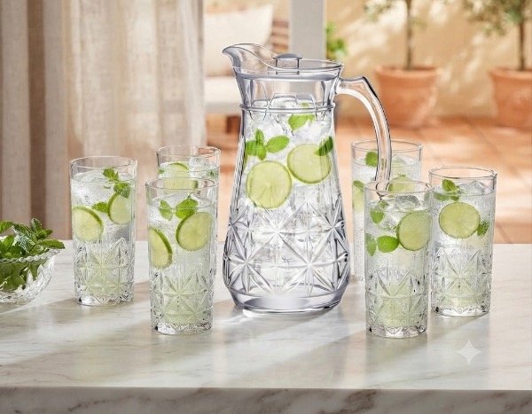 Set de 6 vasos y jarra de vidrio cristal con diseño 202946